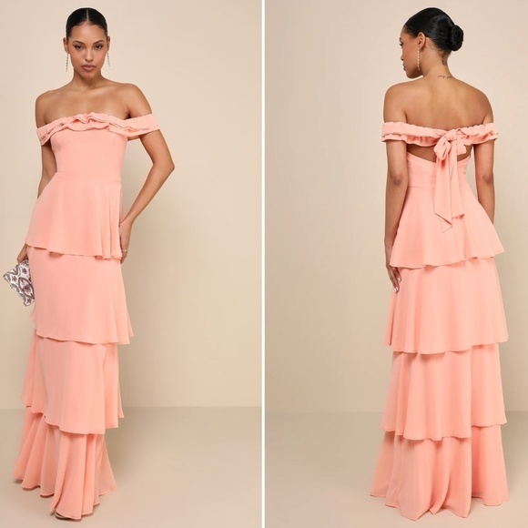 Lulu's Peach Off-Shoulder Tiered Maxi Dress - Picture 1 of 3